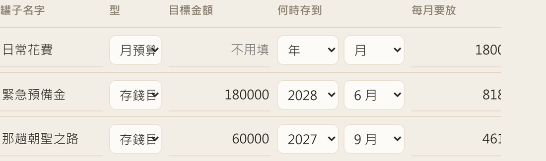 罐子表，填目標金額與日期後自動回推每月要放多少
